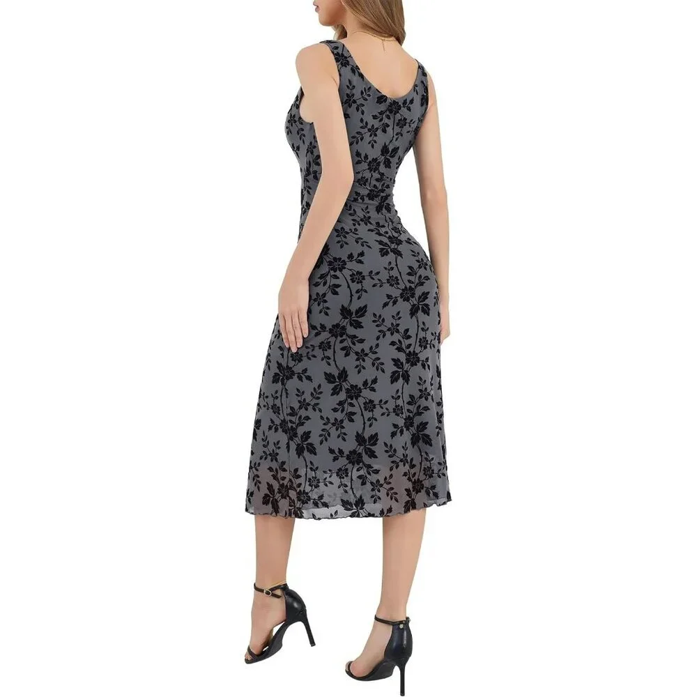 Women's Grey V Neck Sleeveless Mesh Maxi Dress Casual Elegant Long Floral - Picture 2 of 5